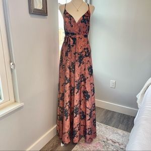 Lulu’s Tea Gardens Rusty Rose Floral Print Satin Maxi Dress